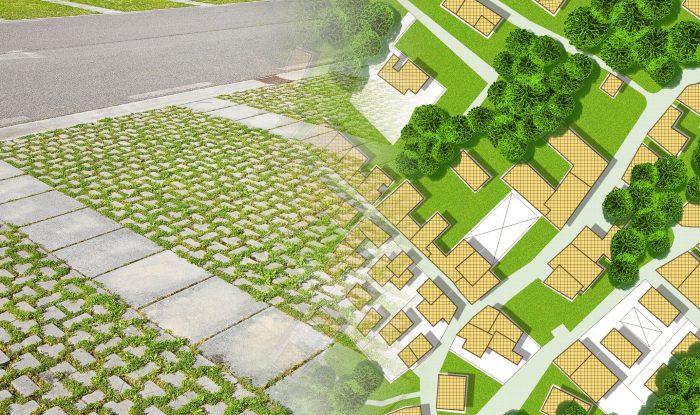 imaginary city map with buildings, roads and central parking zone in a residential district concept image