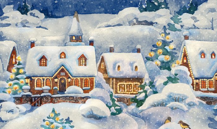 a christmas card that shows a winter village